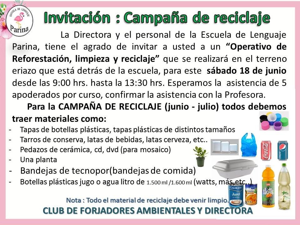 Invitación de reciclaje Escuela de Lenguaje Parina